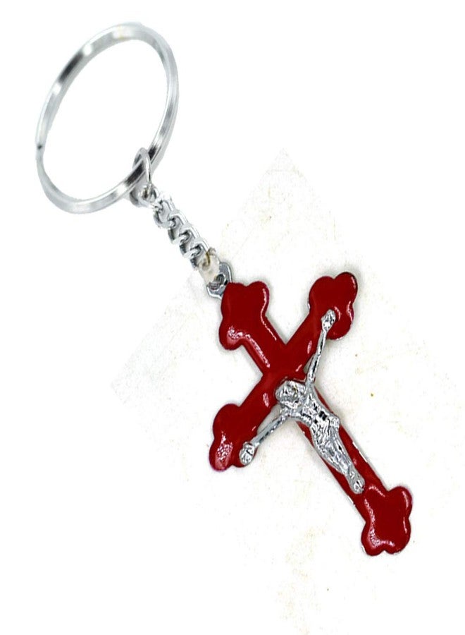 AFH Red Holi Cross Silver Plated Religious Key Chain - Image 2